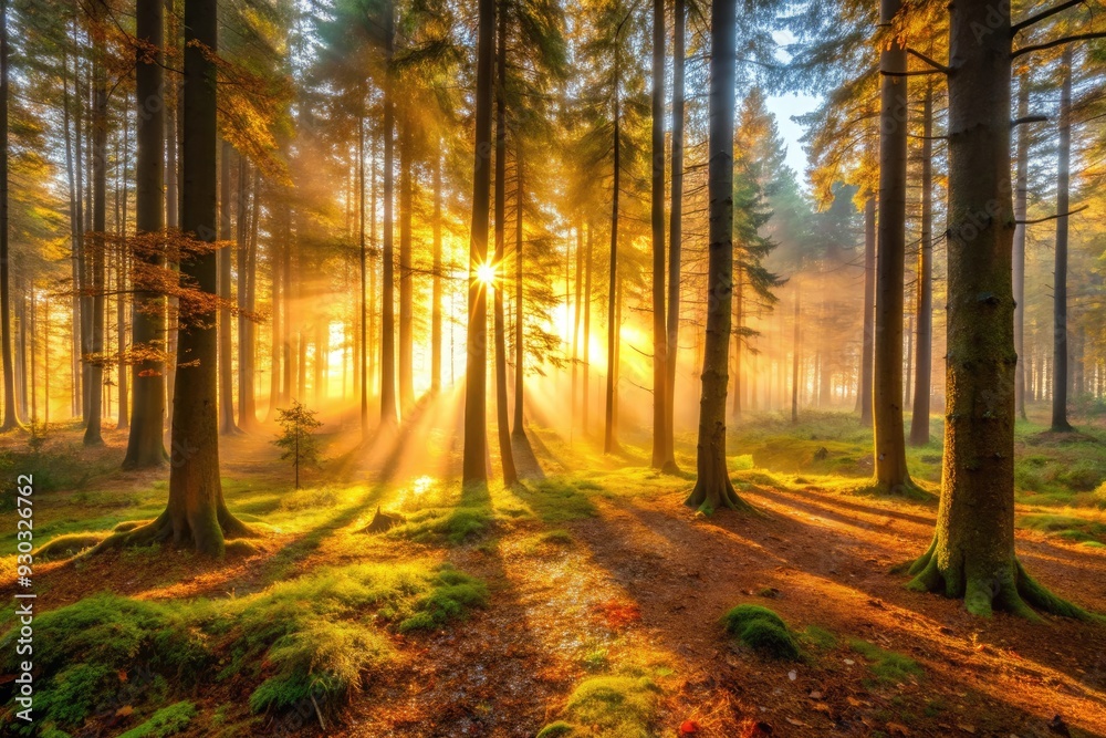 Obraz premium Vibrant morning scene of a misty forest, illuminated by warm golden light of the rising sun, casting long shadows on the forest floor.