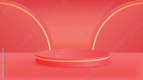 A minimalist podium with a smooth, curved design, set against a red background. This background can be used for product displays, promotions, and festive events.