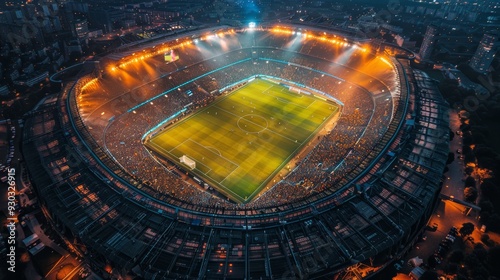 Aerial view of a packed stadium during a night soccer match with bright lights illuminating the field