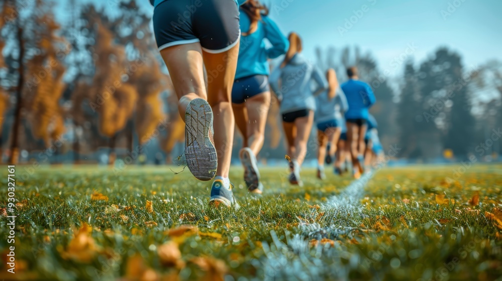 Women running on a grassy field with colorful fall leaves in a park during the afternoon Women running on a grassy field with colorful fall leaves in a park during the afternoon