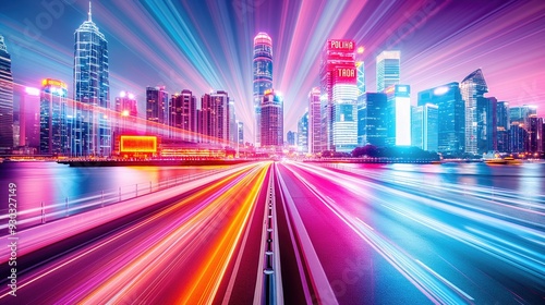 Futuristic Urban Skyline with Vibrant Light Trails at Night