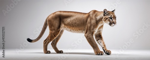 A mountain lion is currently walking on a white, clean surface