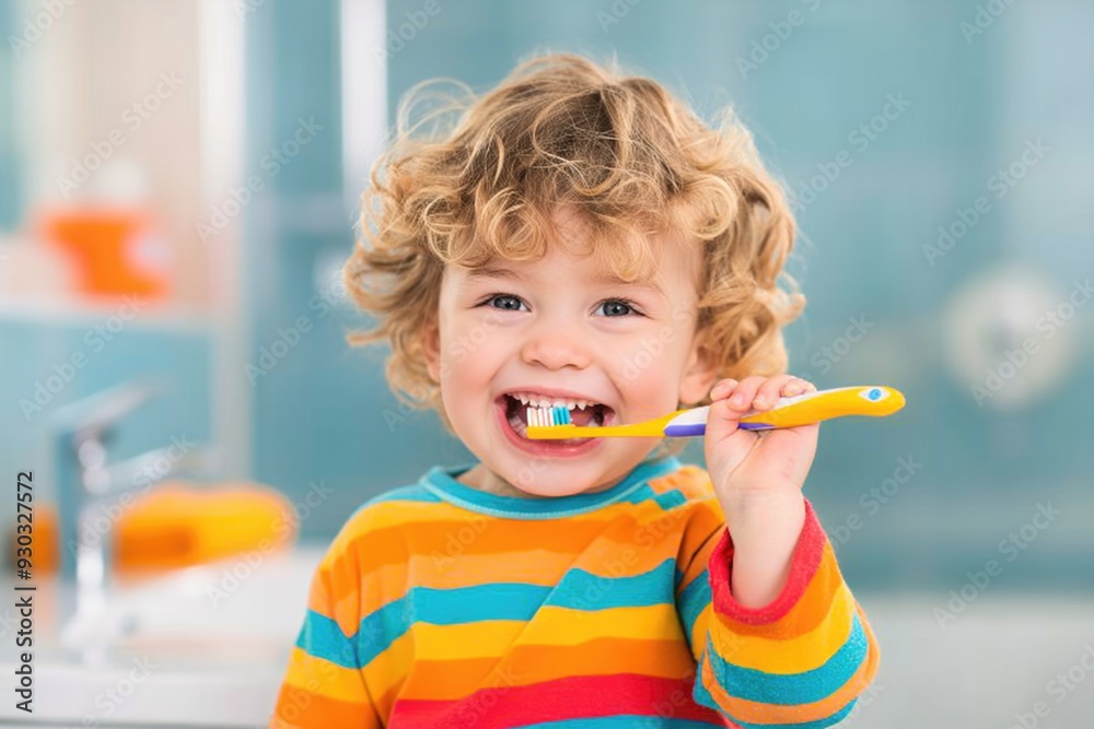 Cheerful Toddler with Curly Hair Brushing Teeth in Bright Bathroom Cheerful Toddler with Curly Hair Brushing Teeth in Bright Bathroom