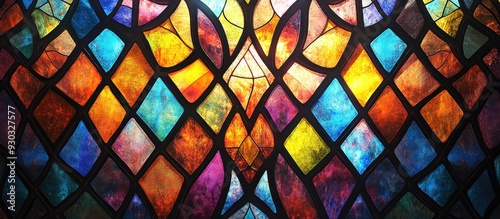 Vibrant Stained Glass Window with Colorful Geometric Patterns and Sunlight