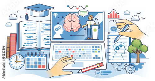 Online psychology class for psychologist studies outline hands concept. Professional mind processes, thinking patterns and behavior research vector illustration. Psychotherapy lessons in web platform