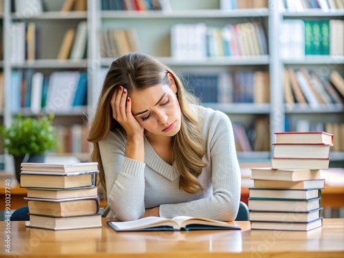 Overwhelmed young woman, exhausted and sleepy, sitting at a library table, surrounded by books and notes, struggling to stay focused with looming deadlines.