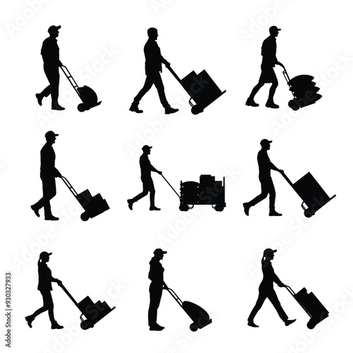 Silhouette of People using hand truck trolley 