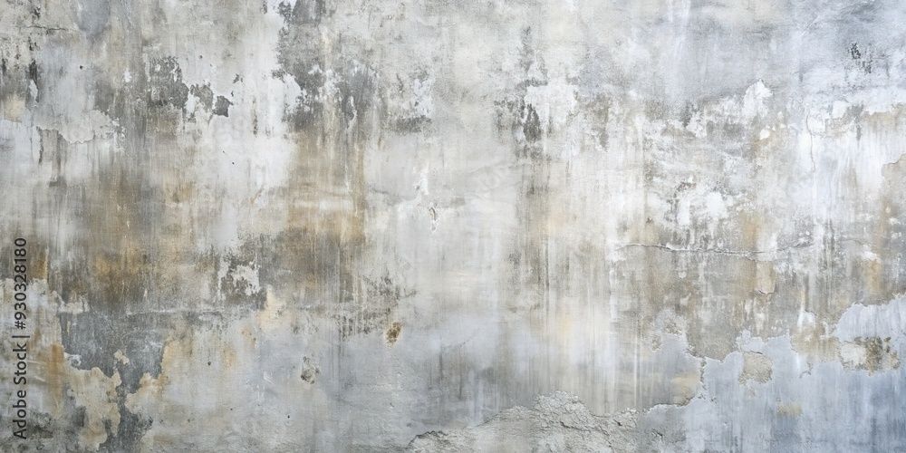 Fototapeta premium Worn, aged cement wall with gray and silver tones, subtle texture, and dark background, blending into a soft, light gray and white abstract design.