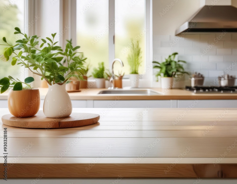 Bright and Minimalist Kitchen Countertop With Natural Materials and Plants in Daylight Bright and Minimalist Kitchen Countertop With Natural Materials and Plants in Daylight