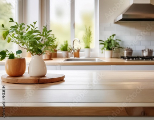 Bright and Minimalist Kitchen Countertop With Natural Materials and Plants in Daylight