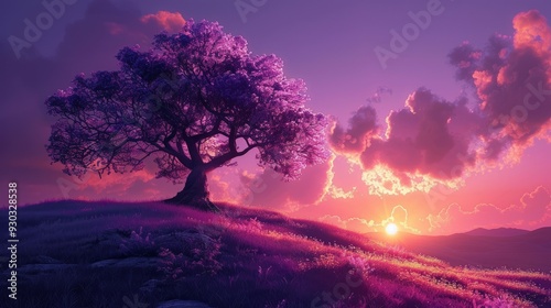 Majestic purple tree at sunset over a serene hillside landscape