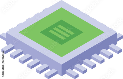 Green isometric cpu chip with visible connectors for motherboard