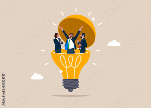 Open lightbulb to see business people. Business people jumping with joy. Vector illustration.