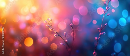 Vibrant Abstract Background with Colorful Bokeh Lights and Delicate Flower Stems in Soft Focus