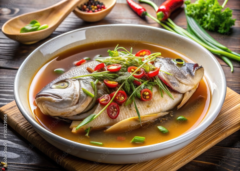 Savory steamed fish dish with fragrant broth, artfully ladled over a beautifully presented meal, evoking warmth and comfort in a culinary masterpiece.