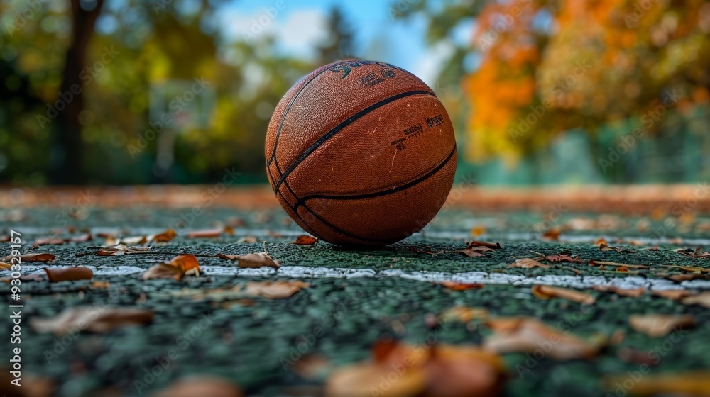 Basketball resting on a leaf-covered court in a park during autumn Basketball resting on a leaf-covered court in a park during autumn