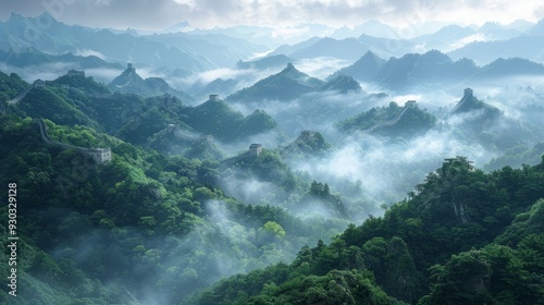 Misty morning view of mountains and ancient structures in a lush landscape