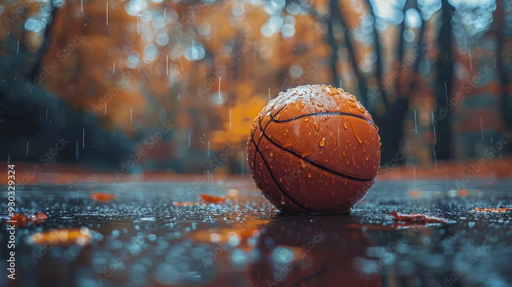 A wet basketball sits on a rainy court surrounded by colorful autumn foliage A wet basketball sits on a rainy court surrounded by colorful autumn foliage