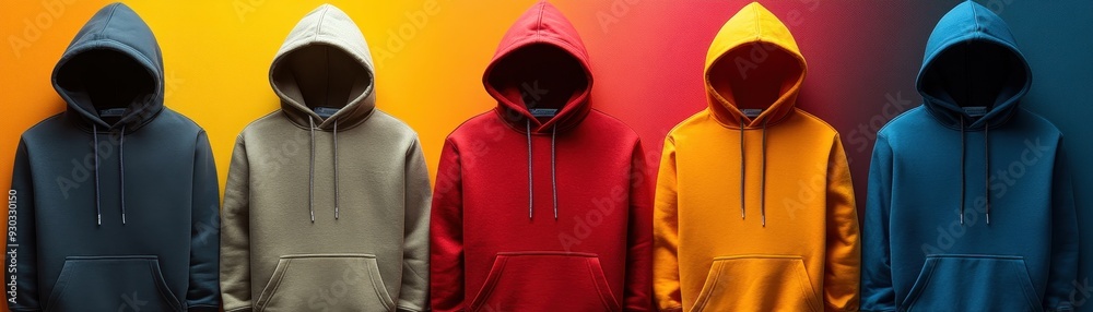 Colorful Hoodies Displayed Against Gradient Background in Various Shades of Blue, Red, Yellow, and Gray Colorful Hoodies Displayed Against Gradient Background in Various Shades of Blue, Red, Yellow, and Gray