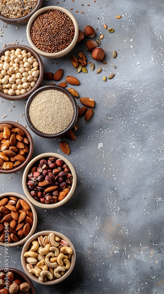 Assorted Nuts and Seeds Arranged in Bowls with Healthy Food Concept and Copy Space Assorted Nuts and Seeds Arranged in Bowls with Healthy Food Concept and Copy Space