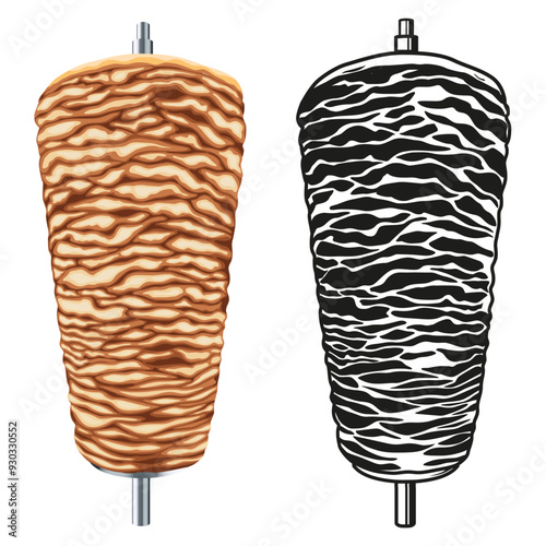 Doner kebab. Shawarma consisting of meat cut into thin slices, stacked in a cone-like shape, and roasted on a slowly-turning vertical rotisserie or spit. on white background. Vector illustration.