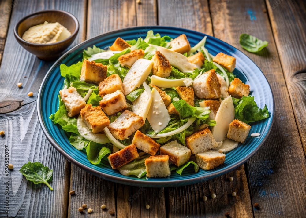 Freshly prepared Caesar salad with grilled chicken, croutons, and parmesan cheese, served on a blue ceramic plate against a rustic, natural wood background. Freshly prepared Caesar salad with grilled chicken, croutons, and parmesan cheese, served on a blue ceramic plate against a rustic, natural wood background.