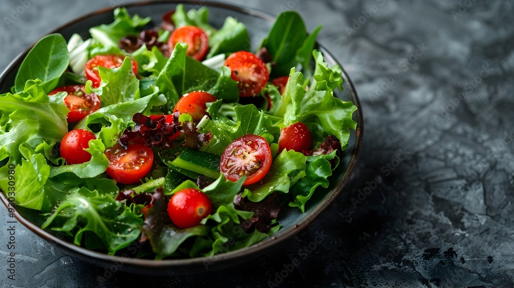 Vibrant Green Salad with Cherry Tomatoes and Vinaigrette Dressing Healthy Mealtime Concept Vibrant Green Salad with Cherry Tomatoes and Vinaigrette Dressing Healthy Mealtime Concept