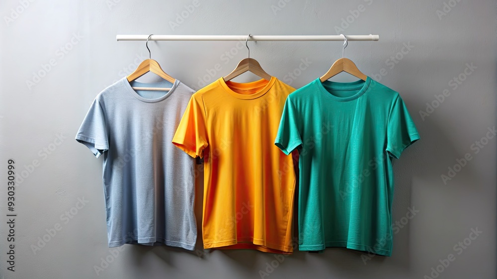 Three vibrant t-shirts in varying colours and textures hang from a sleek clothes rail against a clean grey background, surrounded by ample copy space. Three vibrant t-shirts in varying colours and textures hang from a sleek clothes rail against a clean grey background, surrounded by ample copy space.
