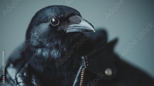 A detailed close-up of a crow perched on a jacket, showcasing the crow's black feathers and the intricate texture and details of both the bird and the jacket. photo