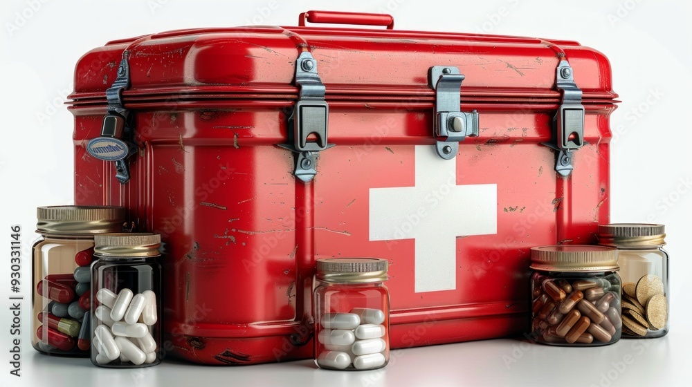A red first-aid kit with medicine jars on a white surface indicates a prepared medical setting with a variety of supplies. A red first-aid kit with medicine jars on a white surface indicates a prepared medical setting with a variety of supplies.