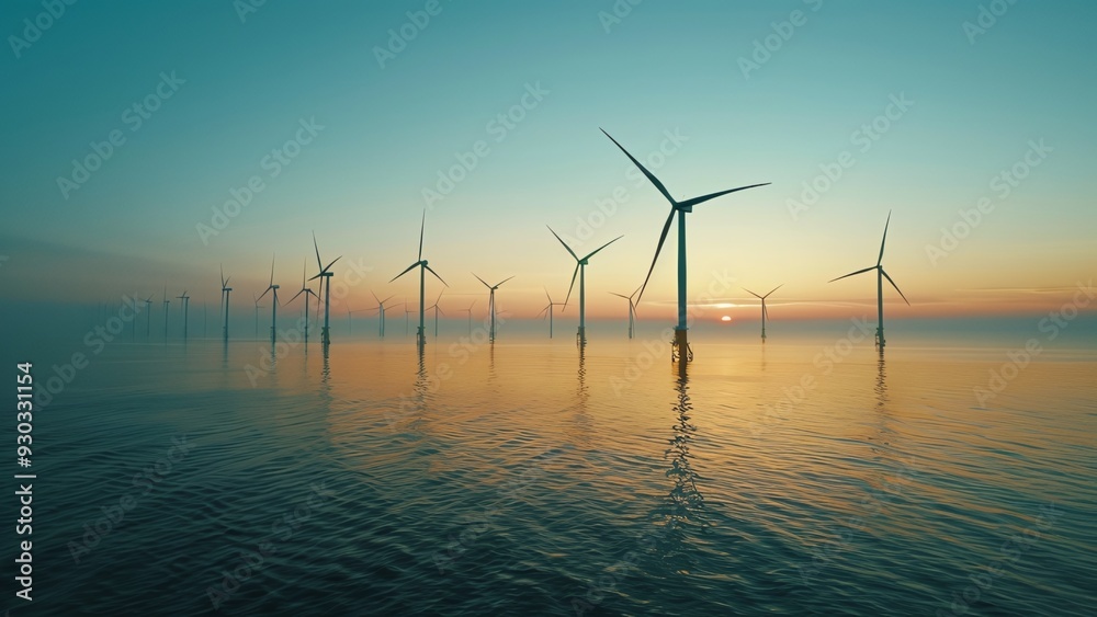 Majestic Offshore Wind Farm with Large Turbines Against a Clear Blue Sky and Expansive Ocean - Sustainable Electric Energy Majestic Offshore Wind Farm with Large Turbines Against a Clear Blue Sky and Expansive Ocean - Sustainable Electric Energy