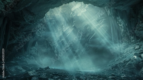Eerie underground cave illuminated by sun rays with mist on rocky ground