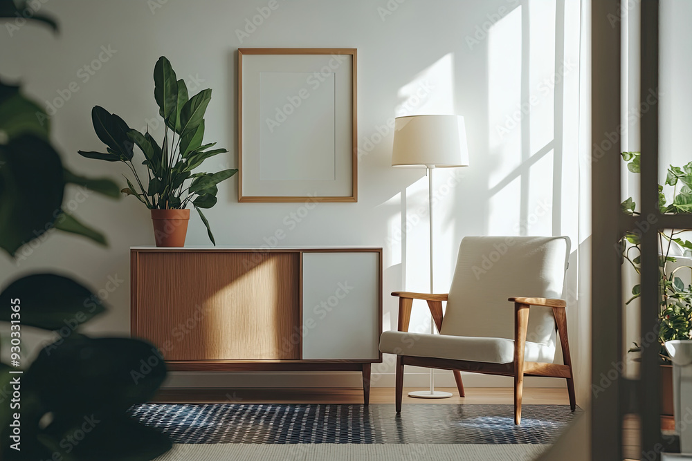 A close-up shot of an empty picture frame on the wall in a mid-century modern living room, with warm sunlight streaming through large windows and casting soft shadows across the clean white walls. A close-up shot of an empty picture frame on the wall in a mid-century modern living room, with warm sunlight streaming through large windows and casting soft shadows across the clean white walls.