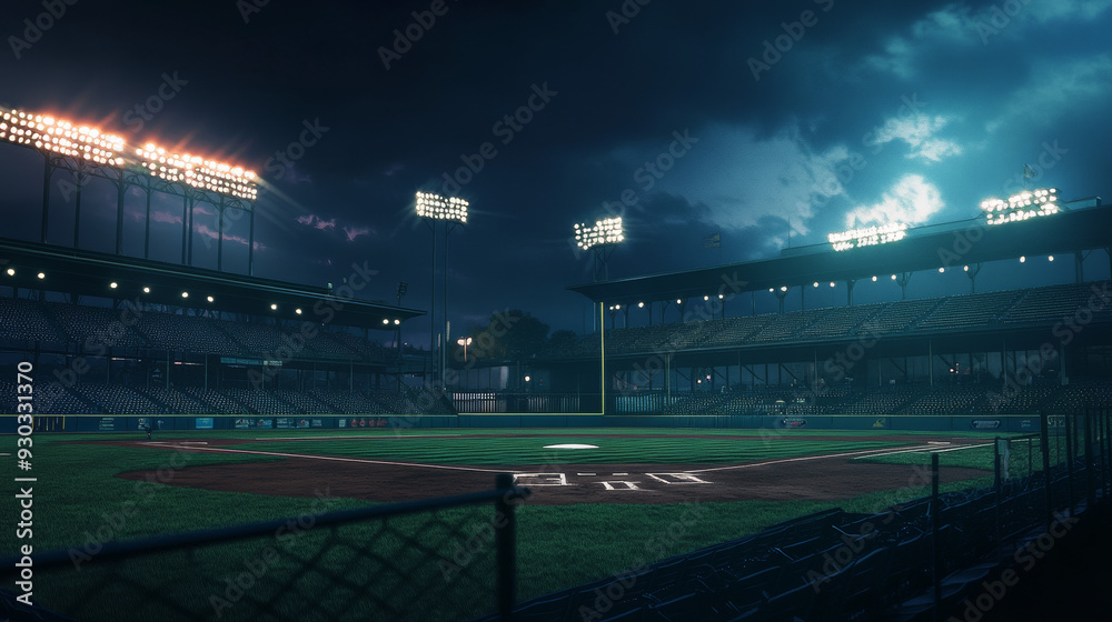 A nighttime view of a baseball stadium as seen from the bleachers, with the field illuminated under the stadium lights. A nighttime view of a baseball stadium as seen from the bleachers, with the field illuminated under the stadium lights.