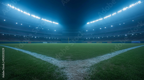 A nighttime view of a baseball stadium as seen from the bleachers, with the field illuminated under the stadium lights.