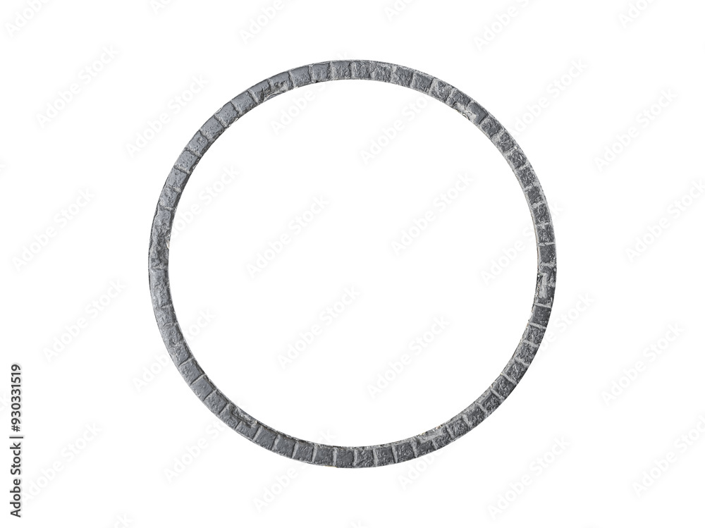 Round rusty cast iron frame is isolated. The metal is heavily weathered and pitted. Round rusty cast iron frame is isolated. The metal is heavily weathered and pitted.