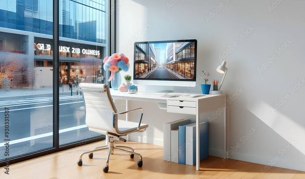 A modern and elegant office space with soothing pastel tones. A modern and elegant office space with soothing pastel tones.