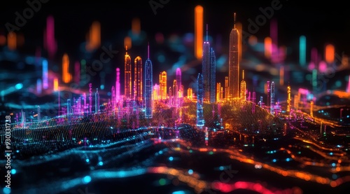 A cityscape made of digital data streams, representing the impact and power of AI in urban areas. The background is dark to highlight the colorful graphs and charts