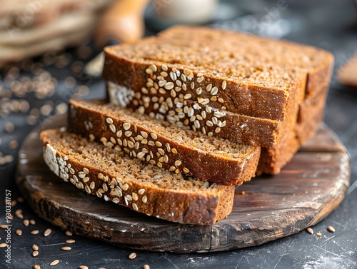 Freshly Baked Whole Grain Bread Slices on Wooden Board Healthy Food Concept