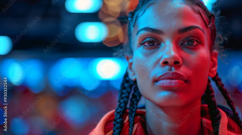 Portrait of a woman with braided hair captured in vibrant blue and red lighting at an indoor event Portrait of a woman with braided hair captured in vibrant blue and red lighting at an indoor event