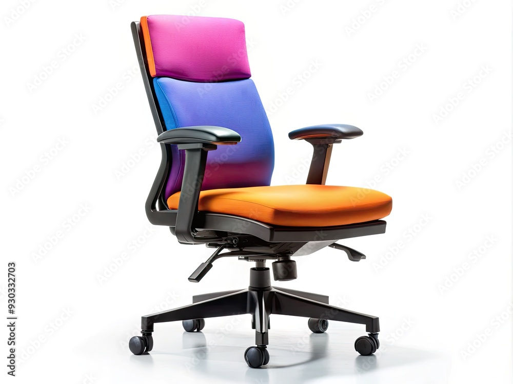 Modern office chair with movable casters, featuring a sleek black frame, accentuated with vibrant orange, purple, blue, and pink cushions, perfect for a stylish workspace. Modern office chair with movable casters, featuring a sleek black frame, accentuated with vibrant orange, purple, blue, and pink cushions, perfect for a stylish workspace.