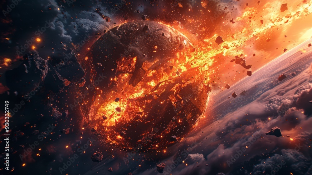 A burning planet disintegrates in space, surrounded by fiery debris during a cosmic event A burning planet disintegrates in space, surrounded by fiery debris during a cosmic event