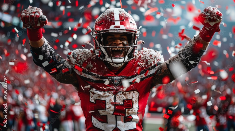 Celebratory football player in red uniform rejoices with confetti at championship event Celebratory football player in red uniform rejoices with confetti at championship event
