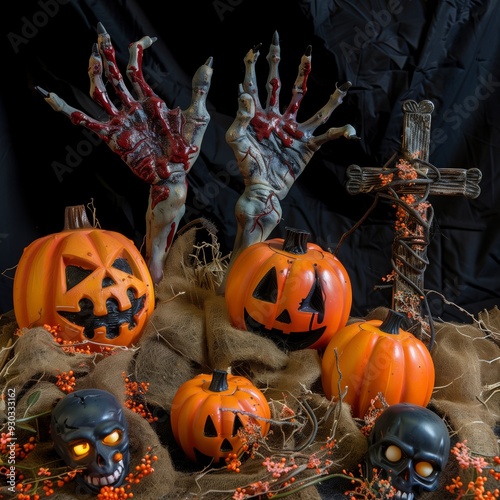 Spooky Halloween Scene with Pumpkins, Cross, and Ghoulish Decorations