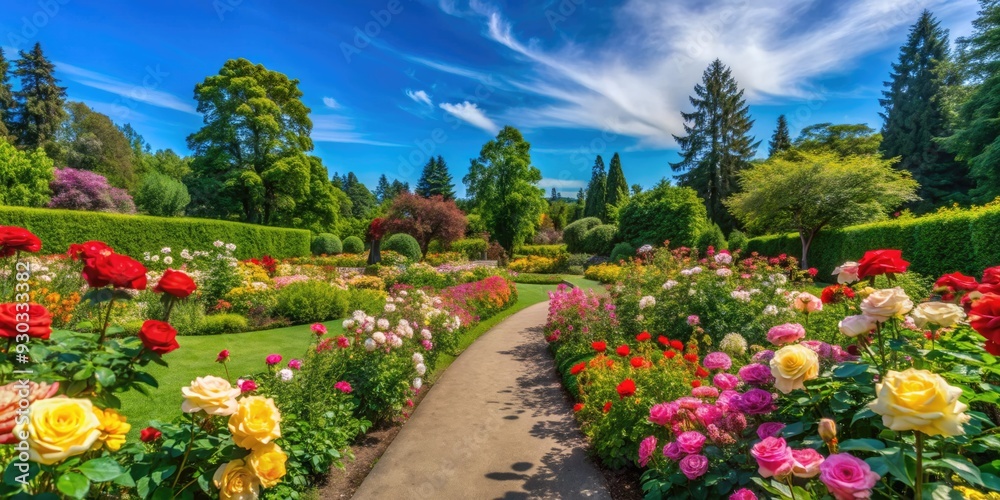 Naklejka premium Vibrant roses of every color bloom amidst lush greenery and serene walkways in Portland's picturesque Washington Park International Rose Test Garden on a sunny day.
