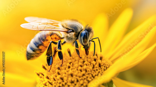 A close-up of a large striped bee collecting honey from a yellow flower on a sunny, bright day. This macro horizontal photograph captures the essence of summer and spring.