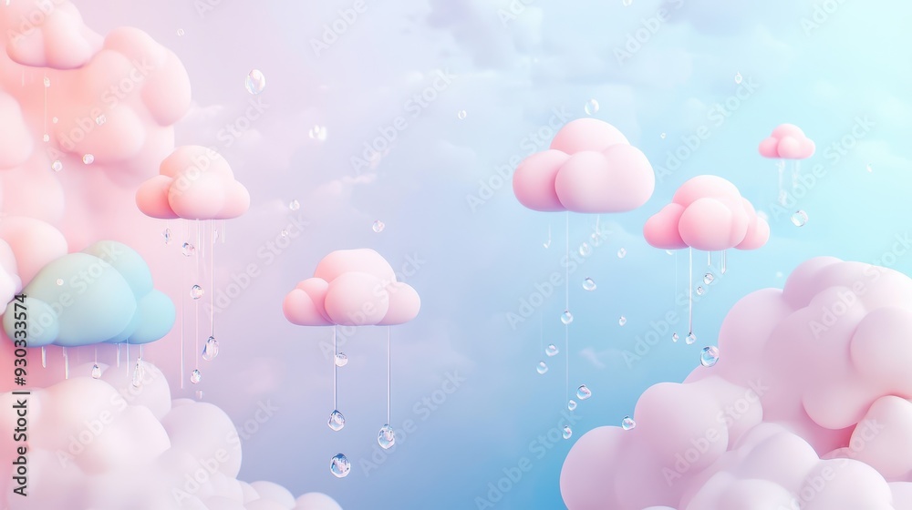 A dreamy scene of pastel clouds with raindrops against a soft gradient background. A dreamy scene of pastel clouds with raindrops against a soft gradient background.