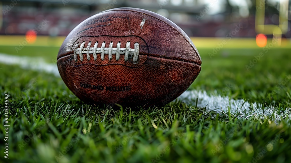 A close-up of a worn football on the grass during a late afternoon game at a stadium A close-up of a worn football on the grass during a late afternoon game at a stadium