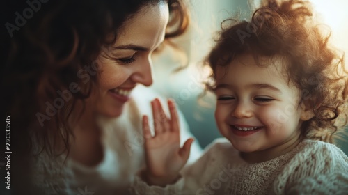 A tender moment of a mother and her young daughter sharing smiles, highlighting their bond and love in a cozy, warm atmosphere, emanating pure joy and affection.