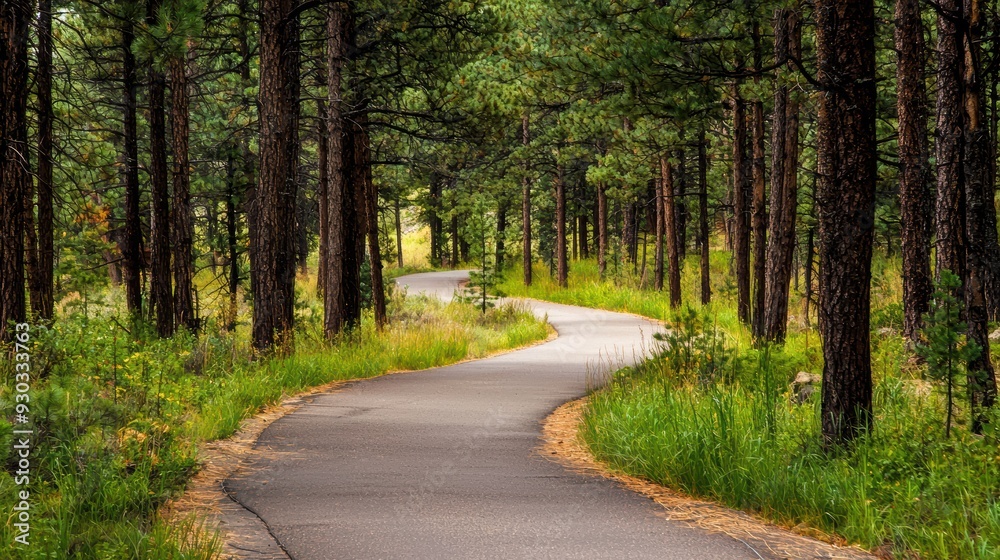 Fototapeta premium A winding path through serene forest, surrounded by tall trees and lush greenery, evokes sense of tranquility and adventure. 